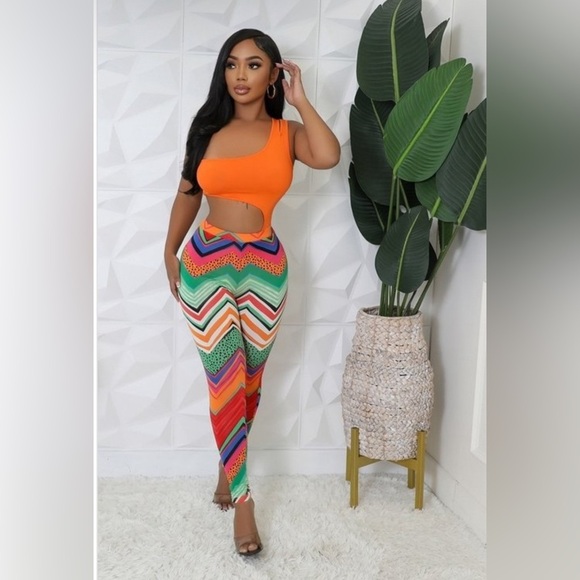 Women’s Orange 2-Piece Bodysuit Multi Color Design Leggings Pants - Picture 1 of 17